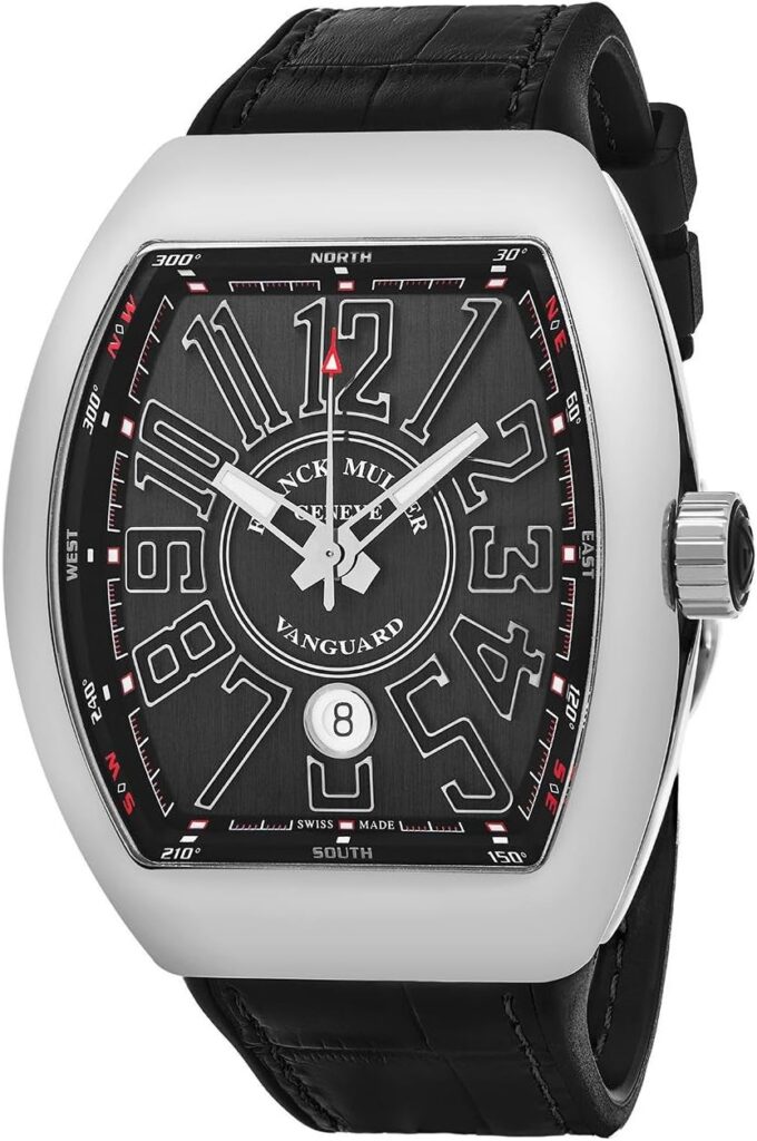 Franck Muller Vanguard Automatic Watch - Tonneau Analog Black Face Automatic Mens Watch with Luminous Hands, Date and Sapphire Crystal - Black Band Swiss Made Luxury Watch for Men V 45 SC DT AC NR