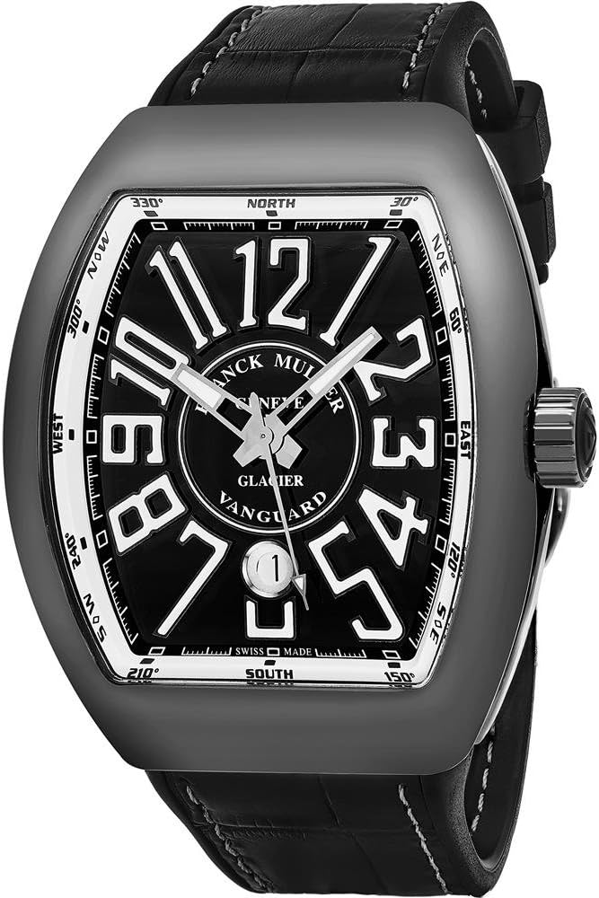 Franck Muller Vanguard Glacier PVD Automatic Watch - Tonneau Analog Black Face Mens Watch with Luminous Hands, Date and Sapphire Crystal - Black Band Swiss Made Luxury Watch for Men V 45 SC DT AC GL