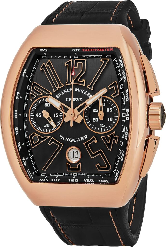 Franck Muller Vanguard Mens Rose Gold Automatic Chronograph Watch - Tonneau Black Face with Luminous Hands, Date and Sapphire Crystal - Swiss Made with Tachymeter Scale V 45 CC DT 5N NR