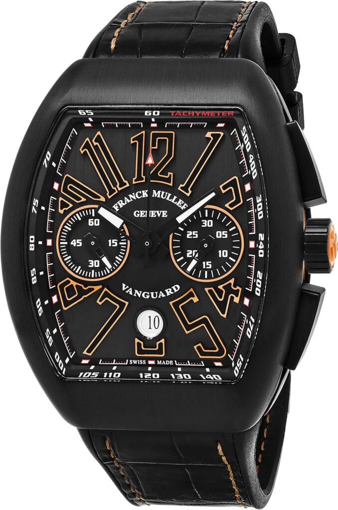 Franck Muller Vanguard Mens Titanium Automatic Chronograph Watch - Tonneau Black Dial with Luminous Hands, Date and Saphhire Crystal - Swiss Made with Tachymeter Scale V 45 CC DT TT NR BR 5N