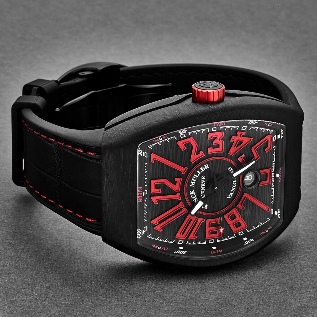 Franck Muller Vanguard Mens Titanium Swiss Automatic Watch - Tonneau Black Face with Luminous Hands, Date and Sapphire Crystal - Black Leather/Rubber Strap Swiss Made Watch for Men 45SCBLKBLKREDFL