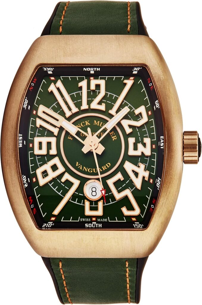 Franck Muller Vanguard Mens Titanium Swiss Automatic Watch - Tonneau Green Face with Luminous Hands, Date and Sapphire Crystal - Green Fabric/Rubber Strap Swiss Made Watch for Men V 45 SC CIR BRN GRN