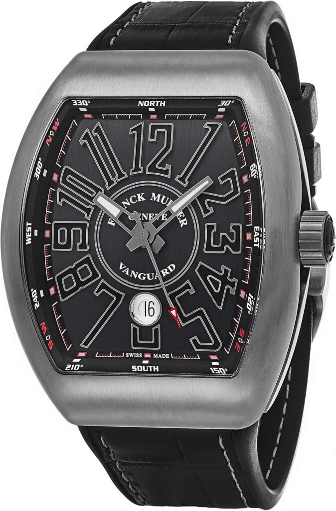 Franck Muller Vanguard Mens Titanium Swiss Made Automatic Watch - Tonneau Black Dial with Luminous Hands, Date and Sapphire Crystal - Black Leather/Rubber Strap V 45 SC DT TT BR NR