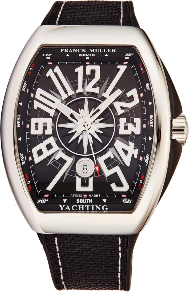 Franck Muller Vanguard Yachting Mens Stainless Steel Automatic Watch - Tonneau Black Face with Luminous Hands, Date and Sapphire Crystal - Black Fabric/Rubber Strap Swiss Made Watch V 45 SC Yacht BLK